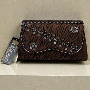 NWT Elite Champagne Evening Clutch Bag Womens Brown Black Zebra Rhinestone VTG